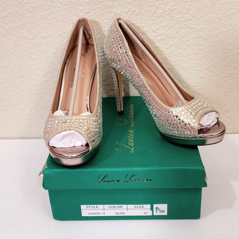Lauren Lorraine Bling High Heels Shoes Sz 10 Candie Nude Peep Toe Bridal NIB